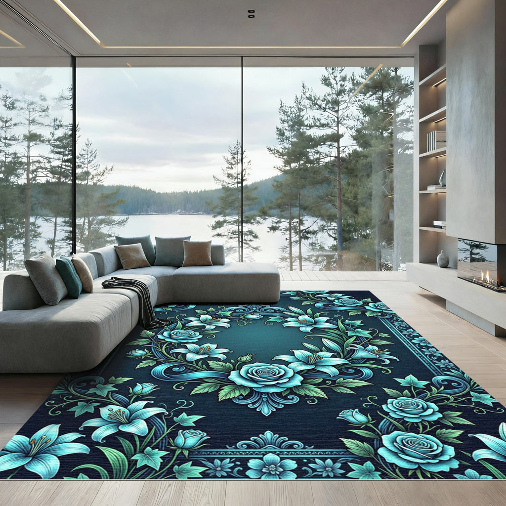 Elegant Teal Floral Frame Garden Rug