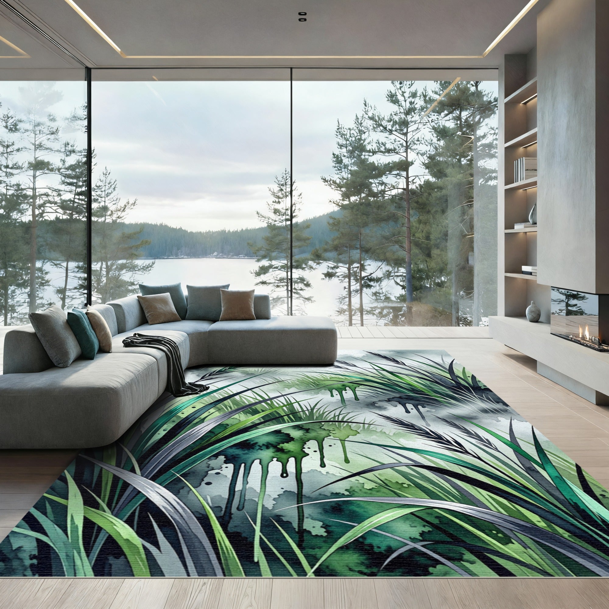 Ethereal Emerald Grass Watercolor Landscape Rug