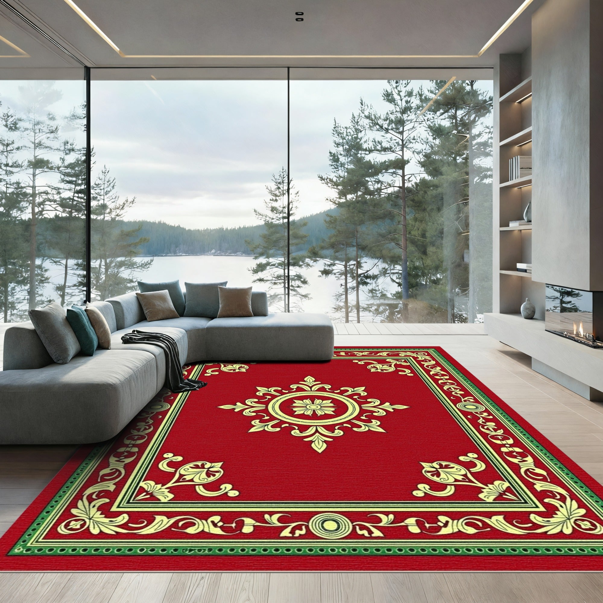 Rich Red Golden Floral Medallion Rug