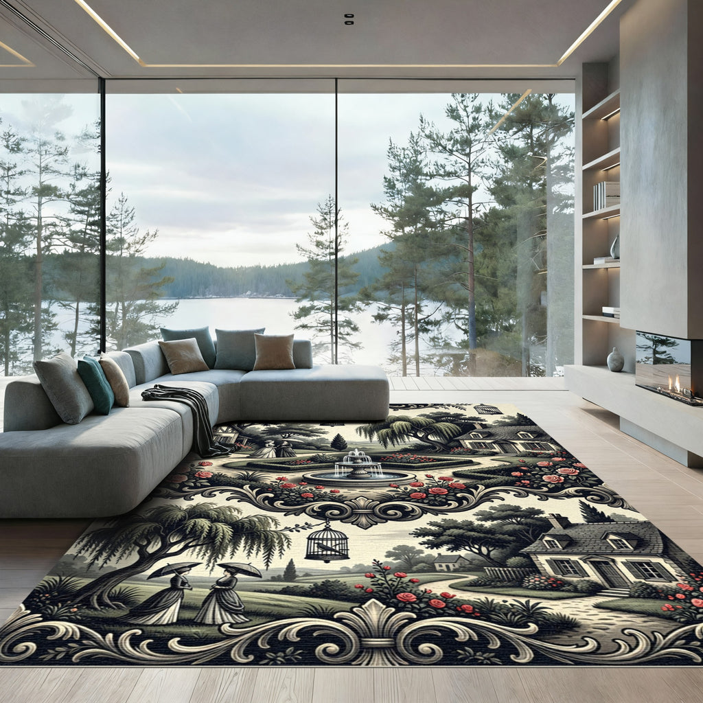 Victorian Rose Garden Village Scene Rug