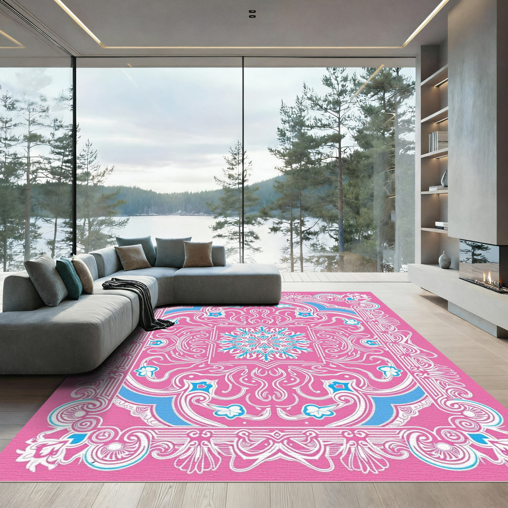 Vibrant Pink Blue Floral Medallion Rug