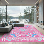 Vibrant Pink Blue Floral Medallion Rug