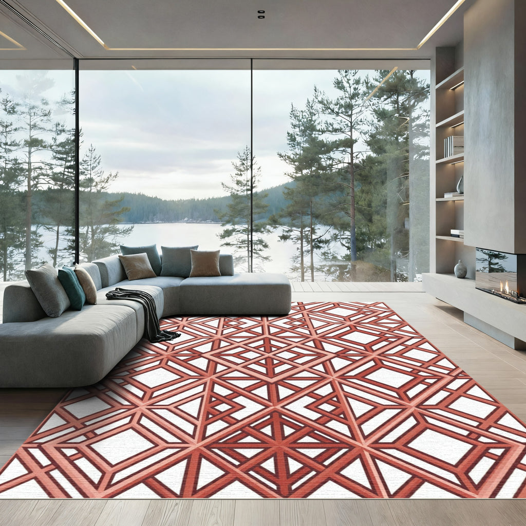 Copper Toned Geometric Lattice grid Rug