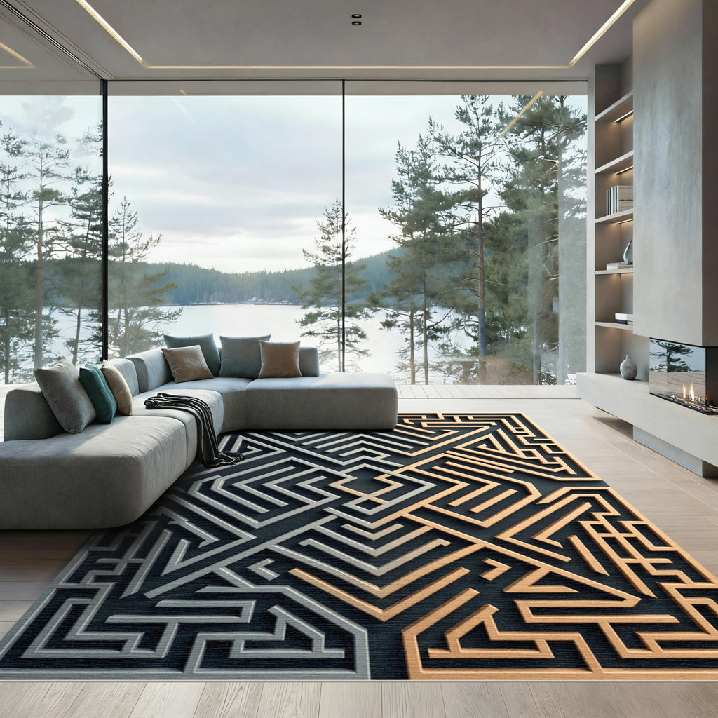 Metallic Gold Silver Geometric Labyrinth Rug