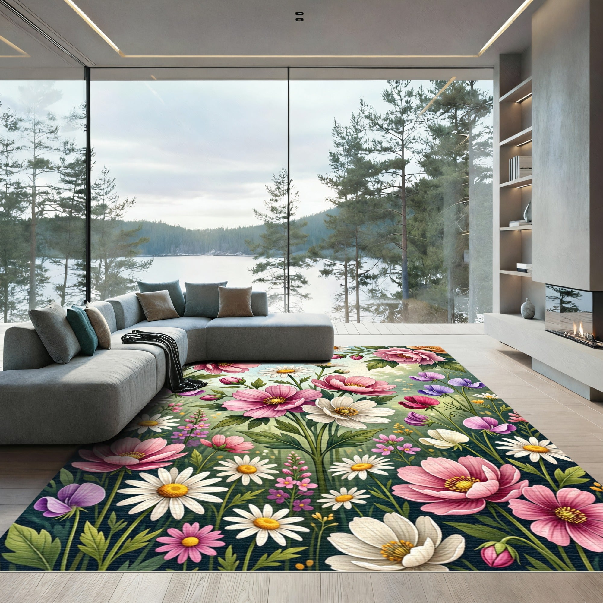 Vibrant Pink and White Meadow Floral Rug