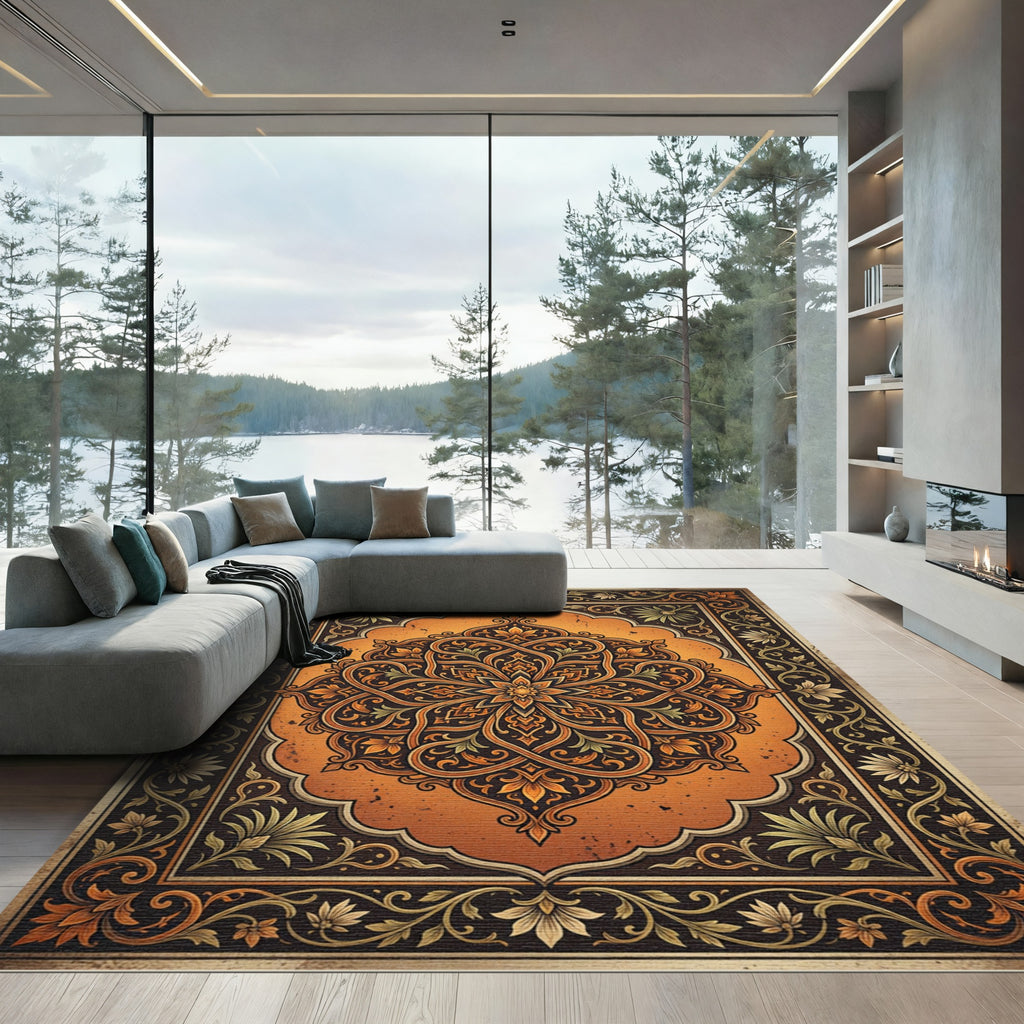 Ornate Amber Floral Medallion Scroll Rug