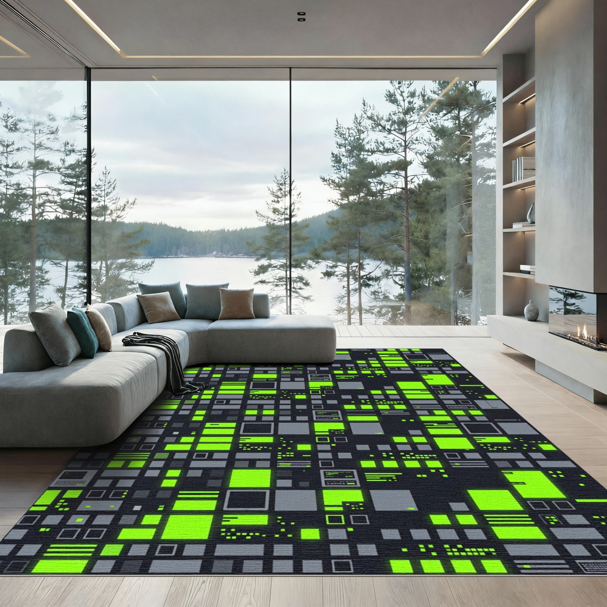 Neon Cyberpunk Grid Matrix Art Rug