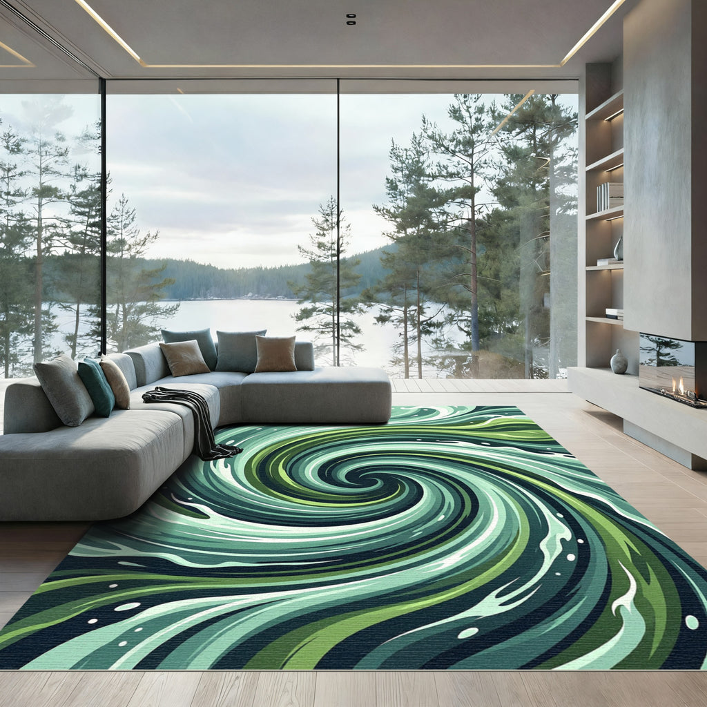 Abstract Emerald Green Whirling Water Swirl Rug