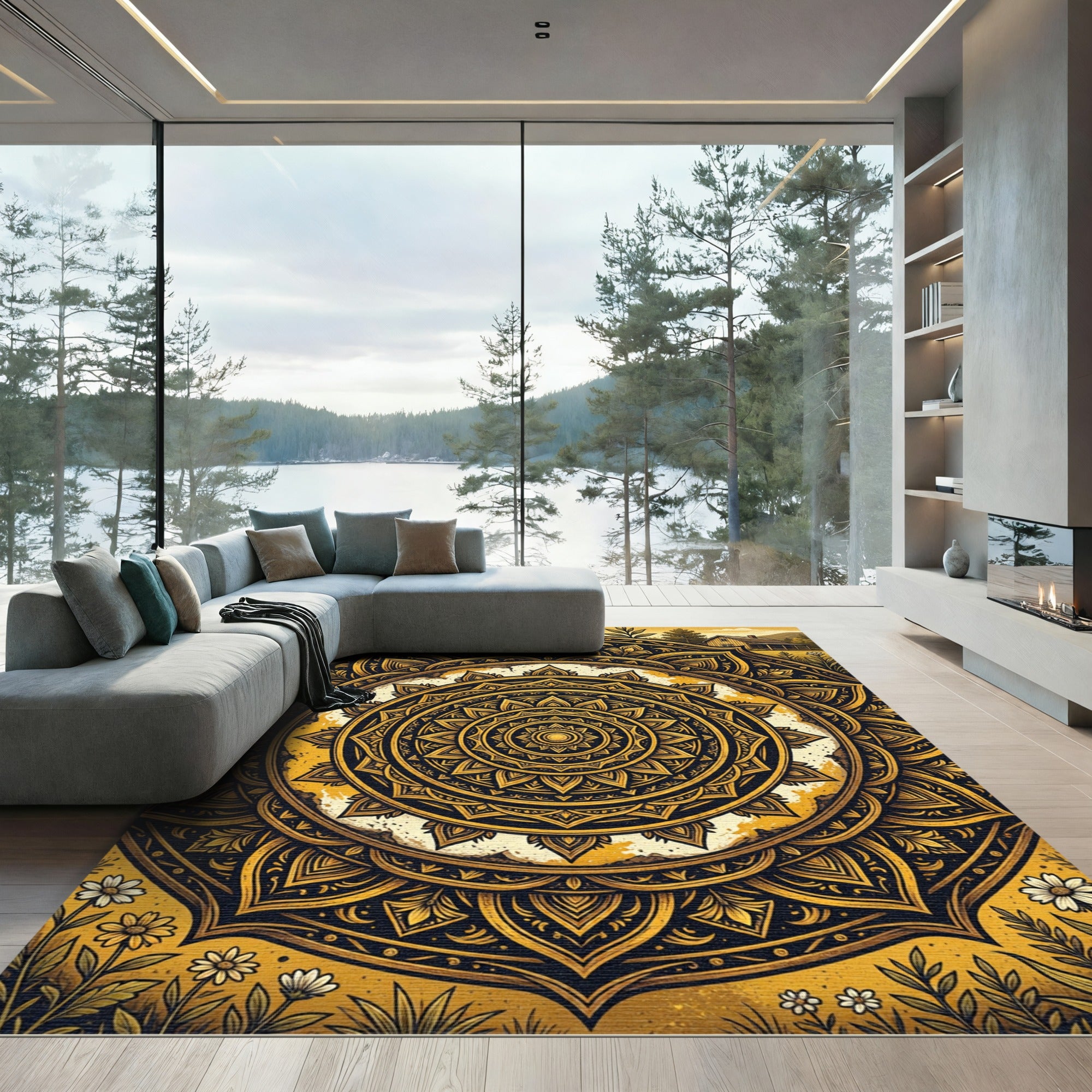 Golden Mandala Farmhouse Floral Art Rug