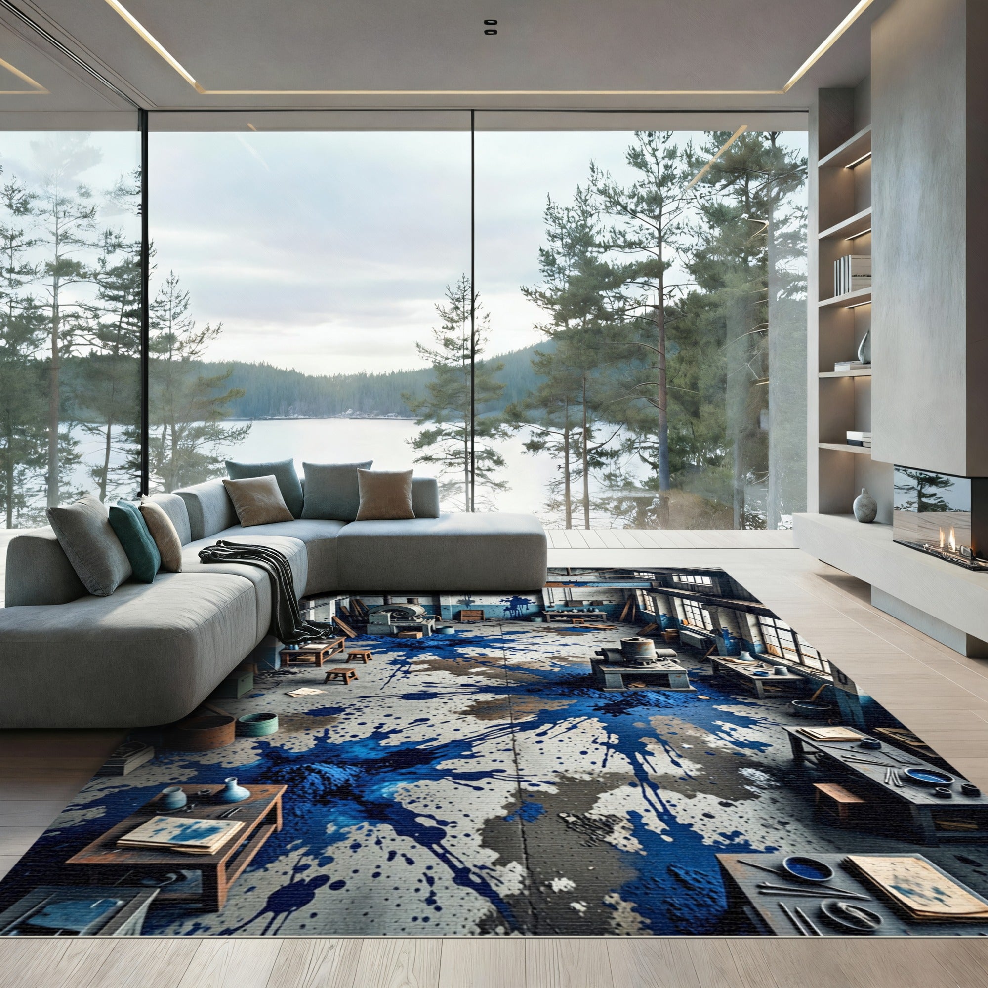 Industrial Blue Splatter Abstract Rug
