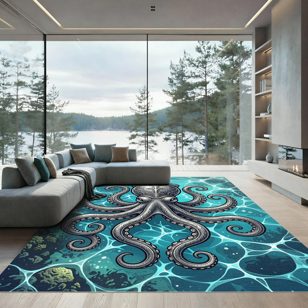 Ornate Silver Octopus Ocean Teal Art Rug