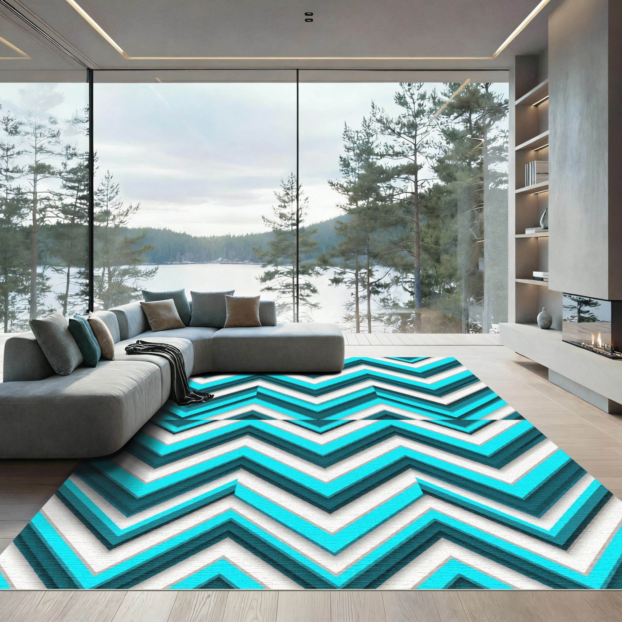 Aqua Teal Chevron Layered Rug