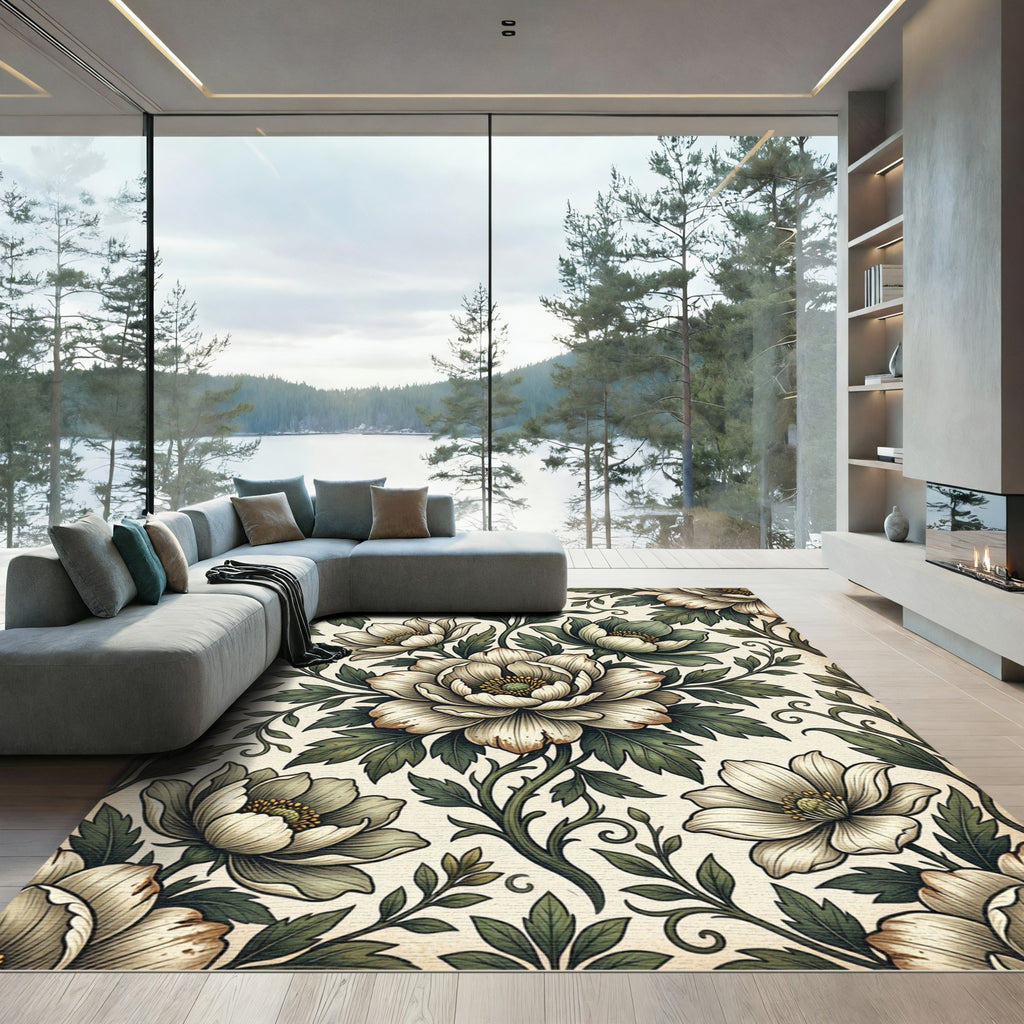 Vintage Sage and Cream Peony Illustration Rug