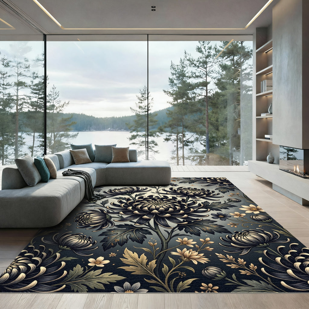 Dark Floral Chrysanthemum Garden Rug