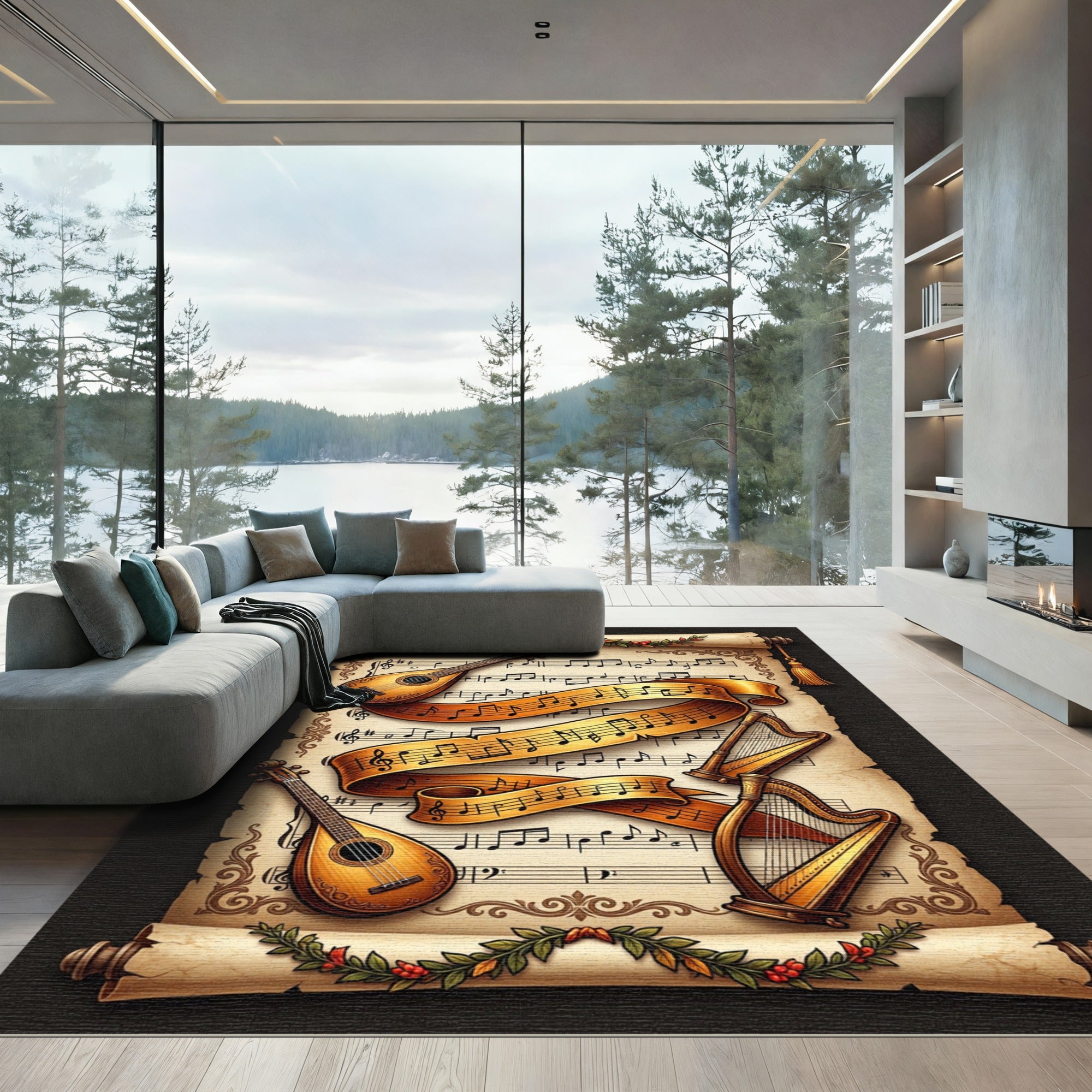 Golden Musical Scroll and Instrument Art Rug