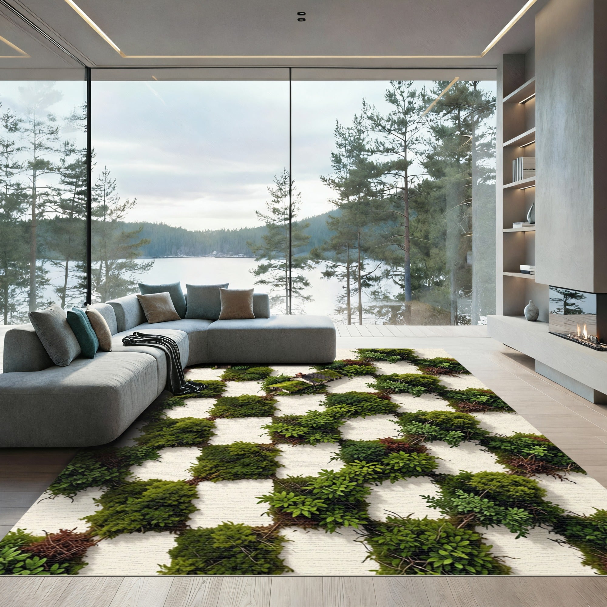 Green Houses Checkerboard Lush Garden Rug