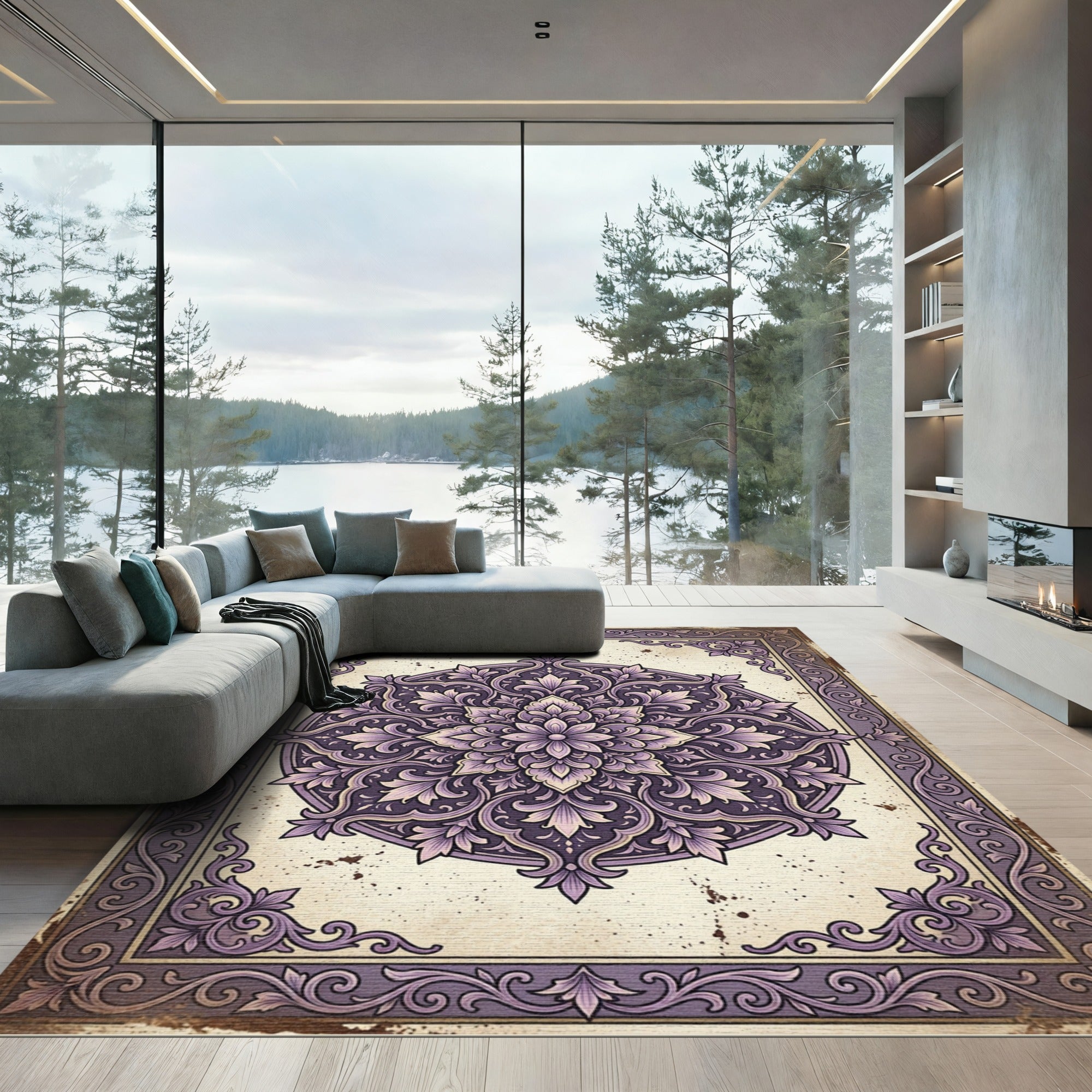 Ornate Purple Floral Damask Medallion Rug
