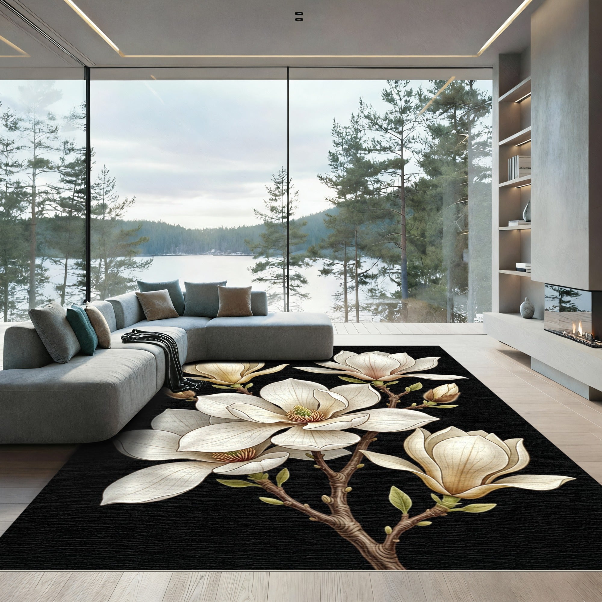 Elegant White Magnolia Botanical Art Rug