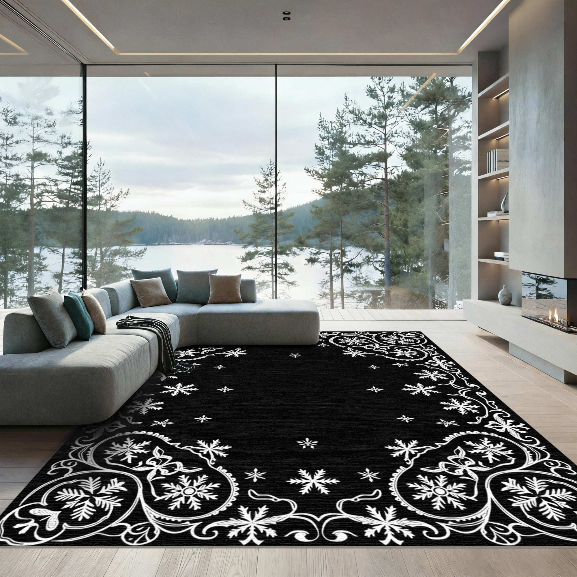 Winter White Snowflake Floral Frame Rug