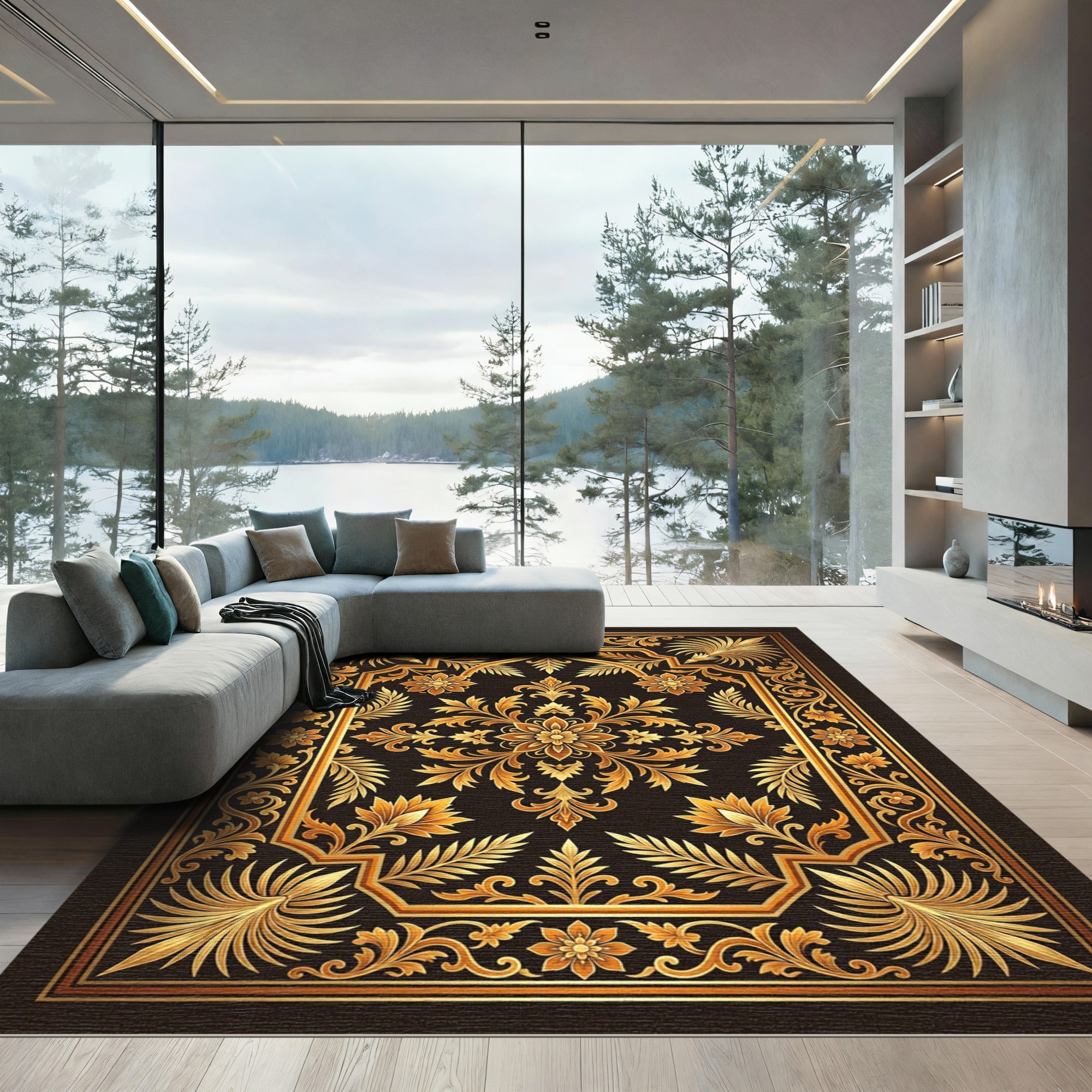 Ornate Golden Floral Damask Scrollwork Rug