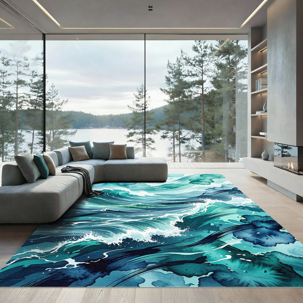 Abstract Teal Ocean Wave Tides Rug
