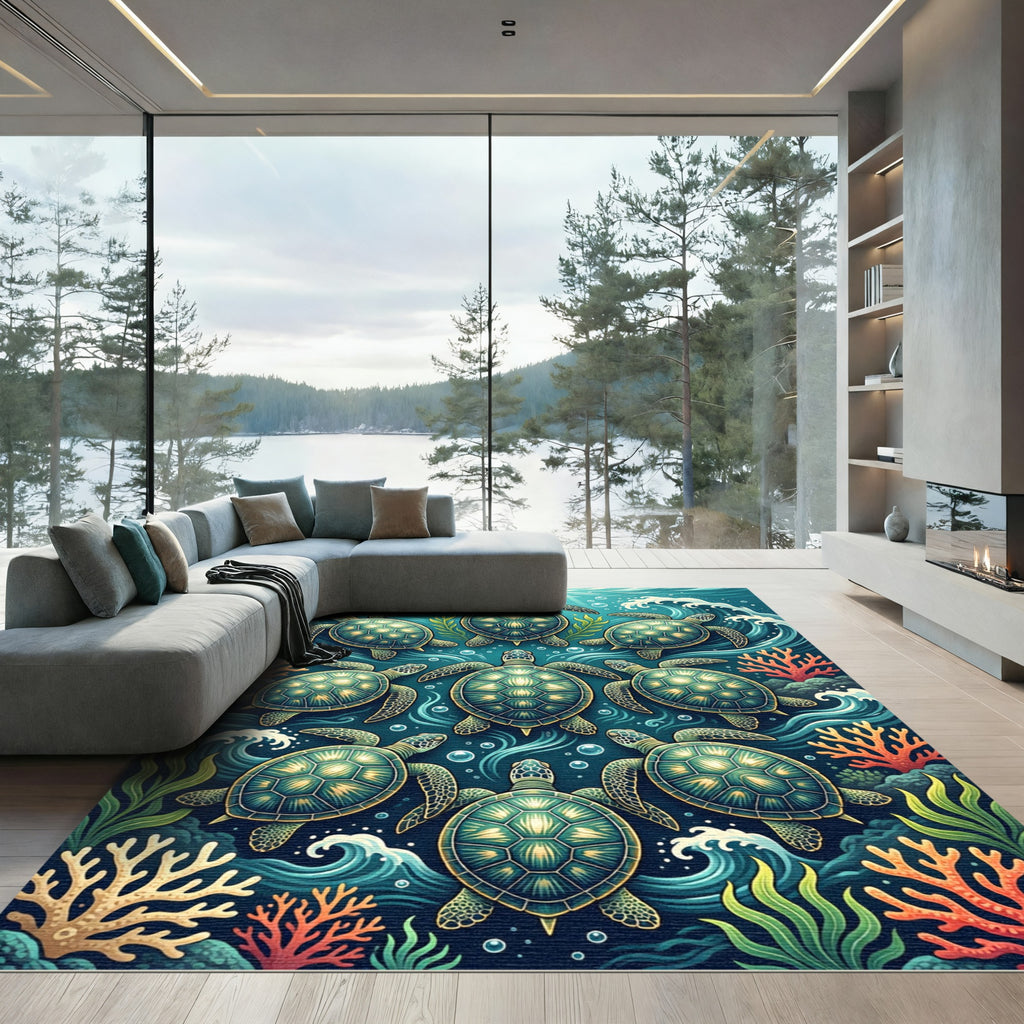 Vibrant Sea Turtle Ocean Reef Composition Rug