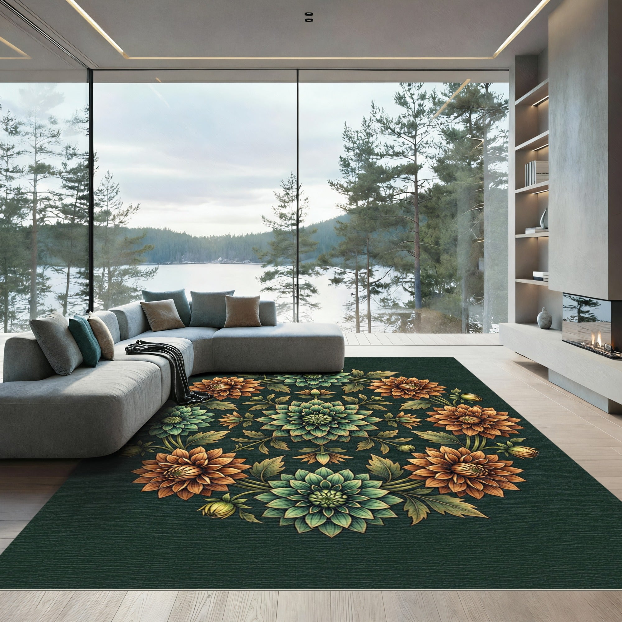 Emerald and Copper Floral Medallion Rug