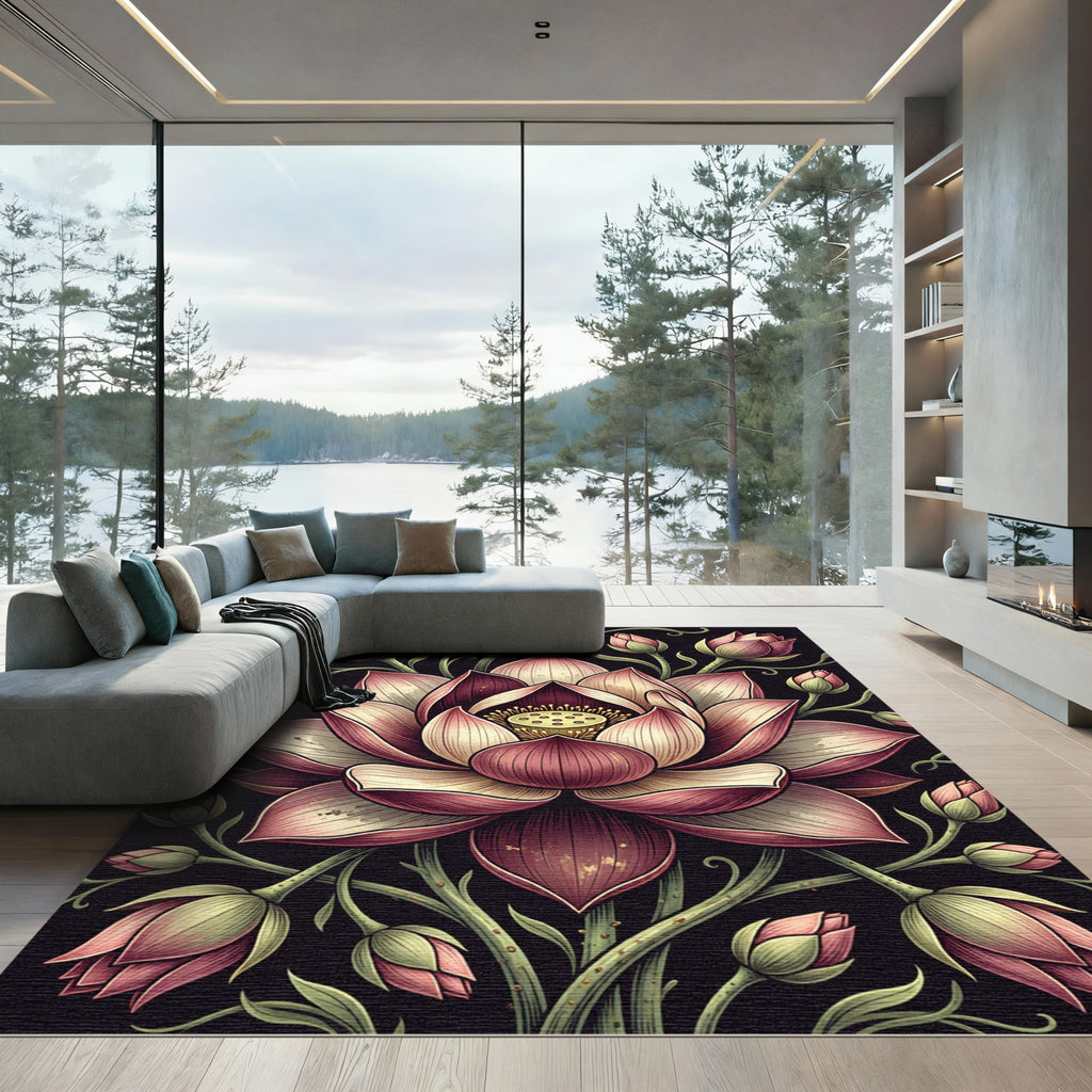 Pink Lotus Bloom Garden Illustration Rug