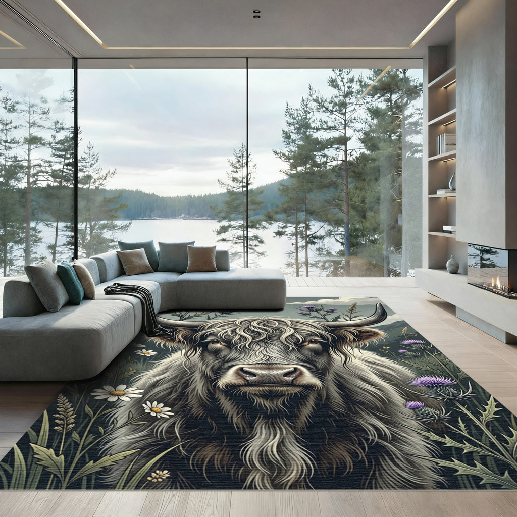 Highland Cow with Thistle Floral Art Rug