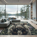 Highland Cow with Thistle Floral Art Rug