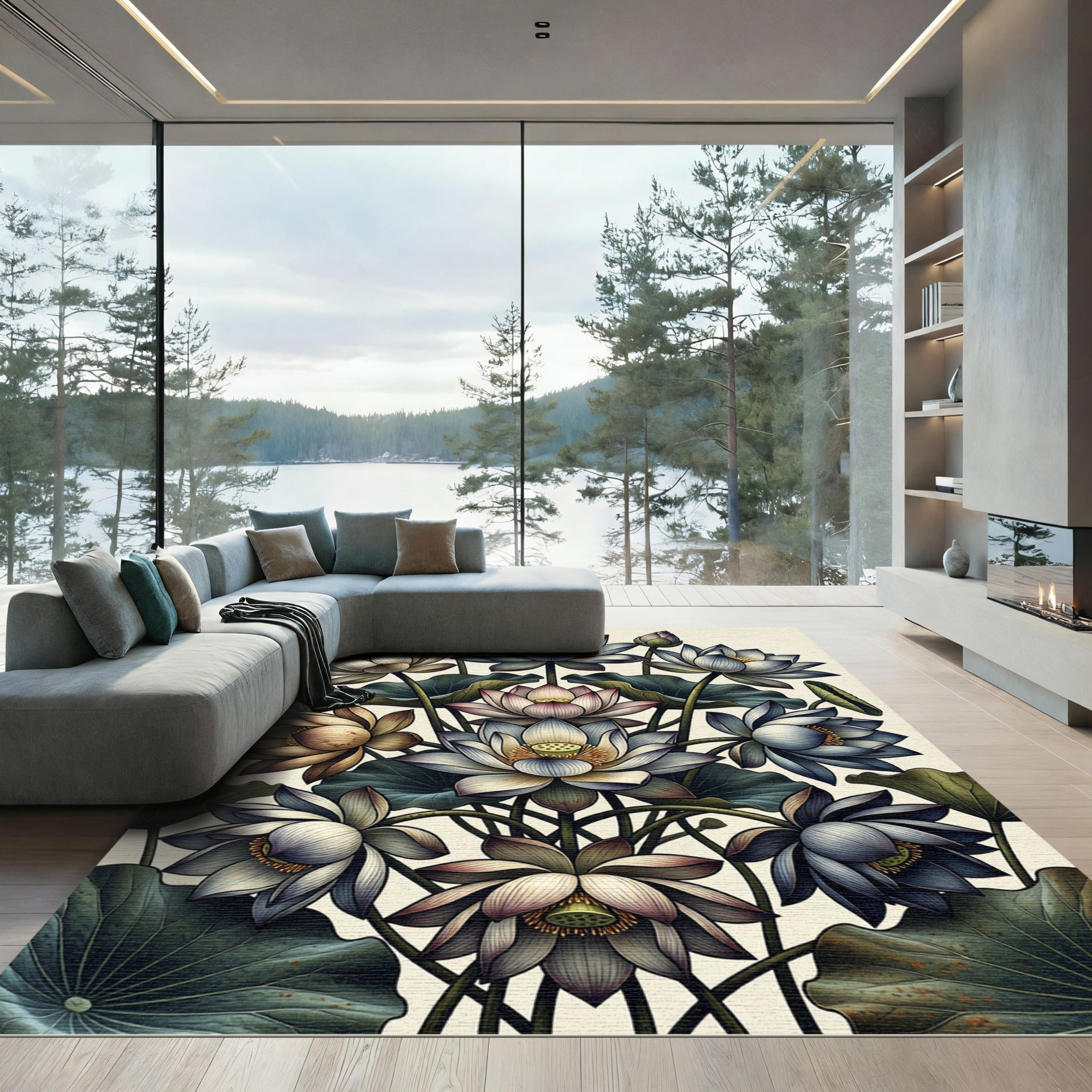 Elegant Lotus Blossom Garden Arrangement Rug