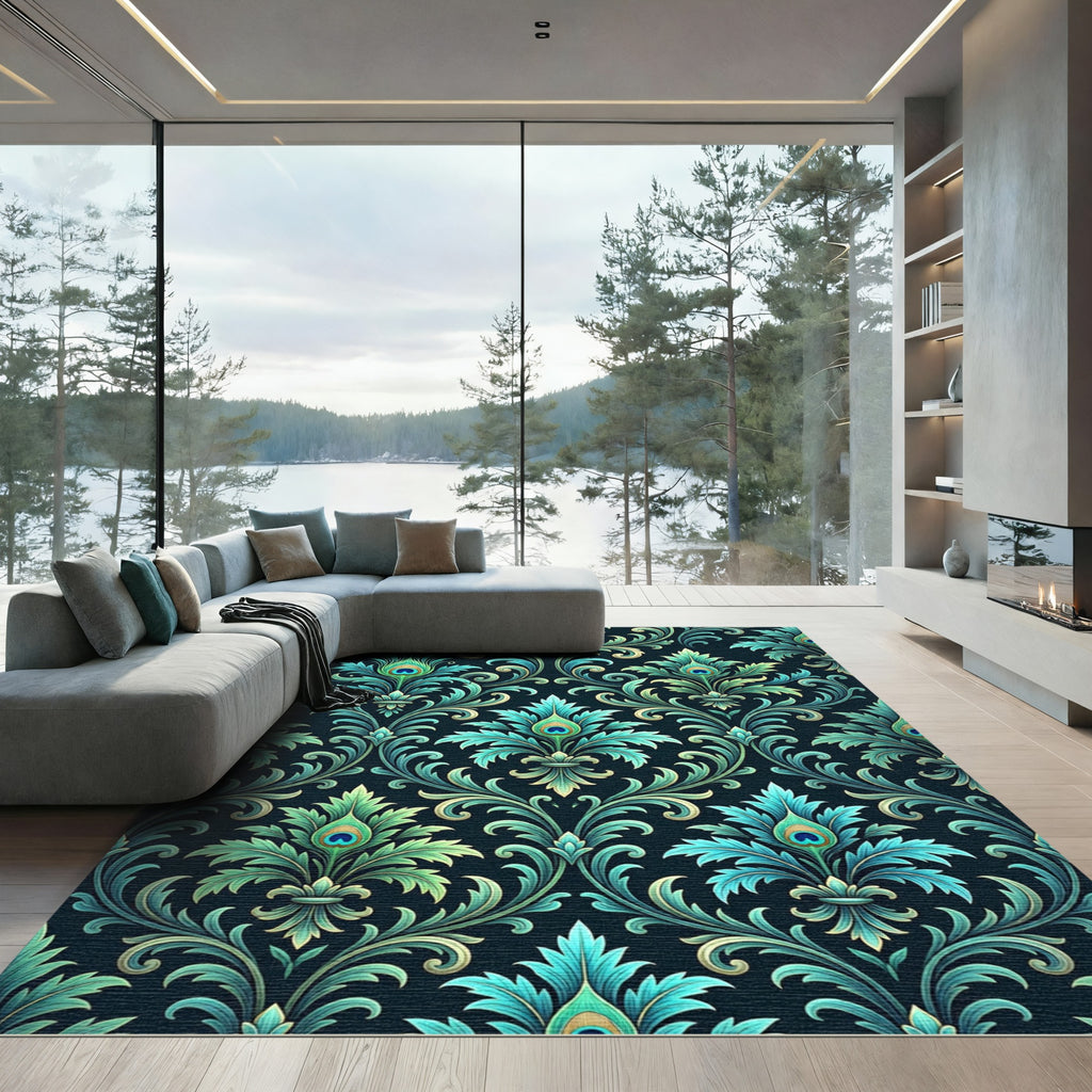 Teal Peacock Feather Damask Scroll Rug