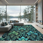 Teal Peacock Feather Damask Scroll Rug