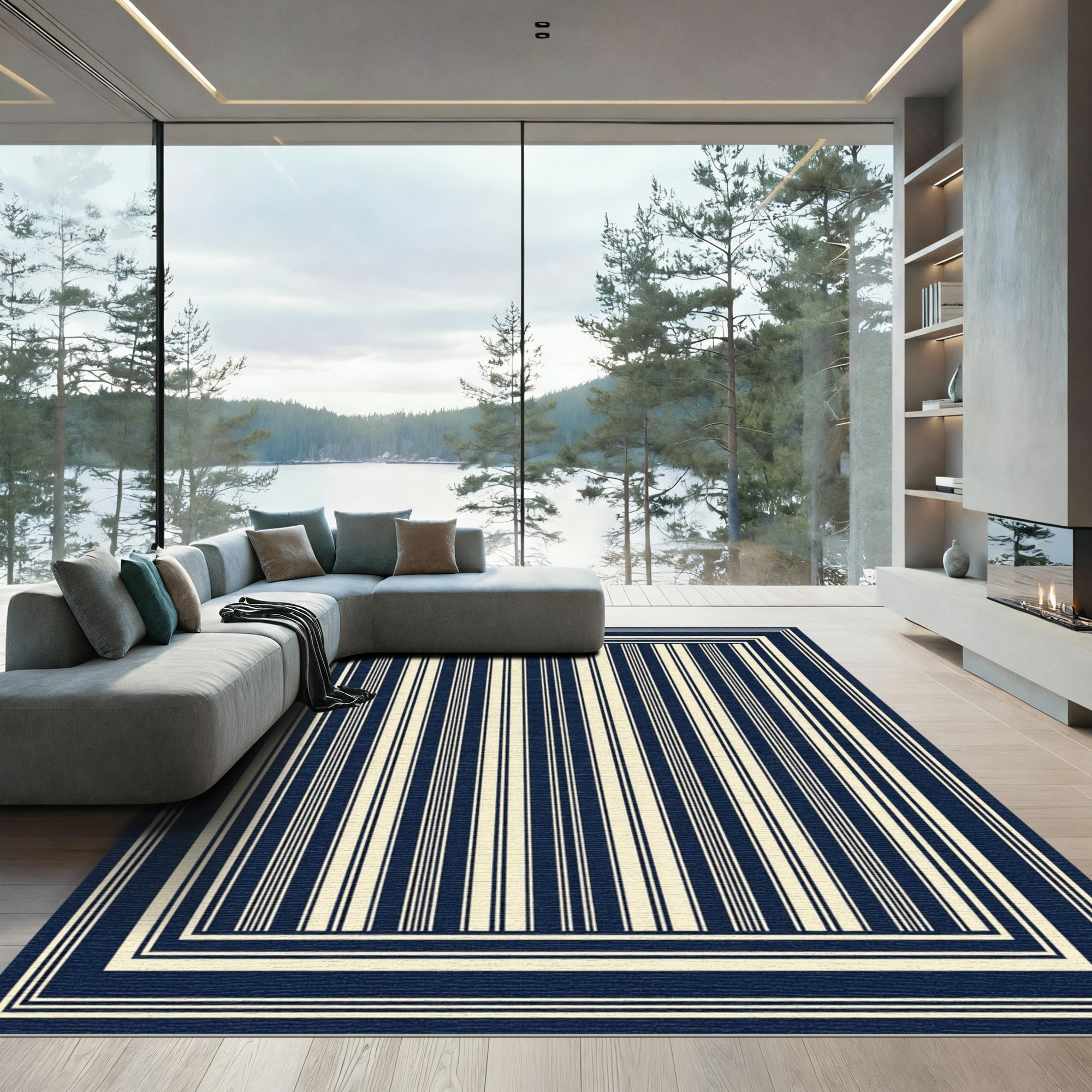 Classic Navy Cream Vertical Stripes Rug