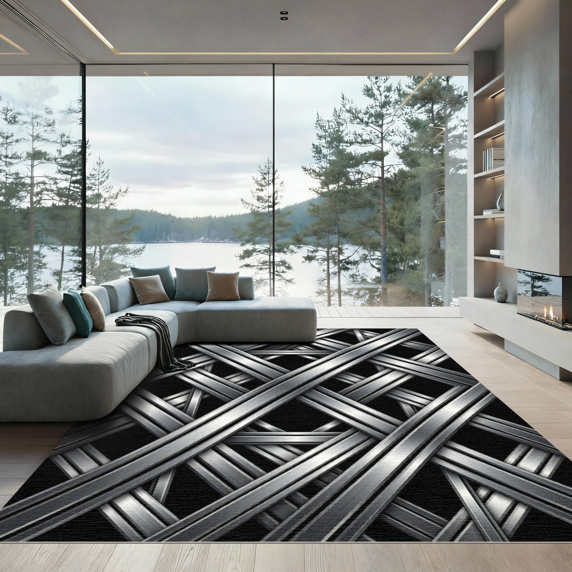 Metallic Silver Interlocked Geometric Grid Rug