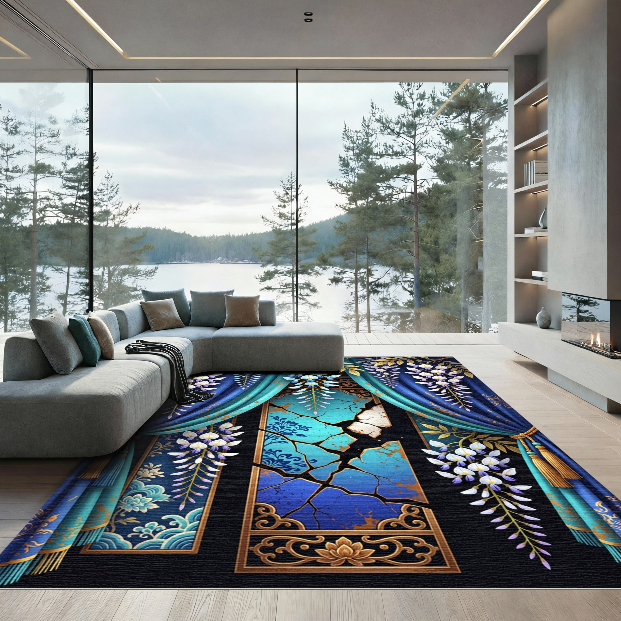 Rich Blue Wisteria Golden Foliage Tassels Rug