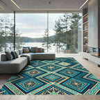 Teal Gold Ornate Geometric Diamond Rug