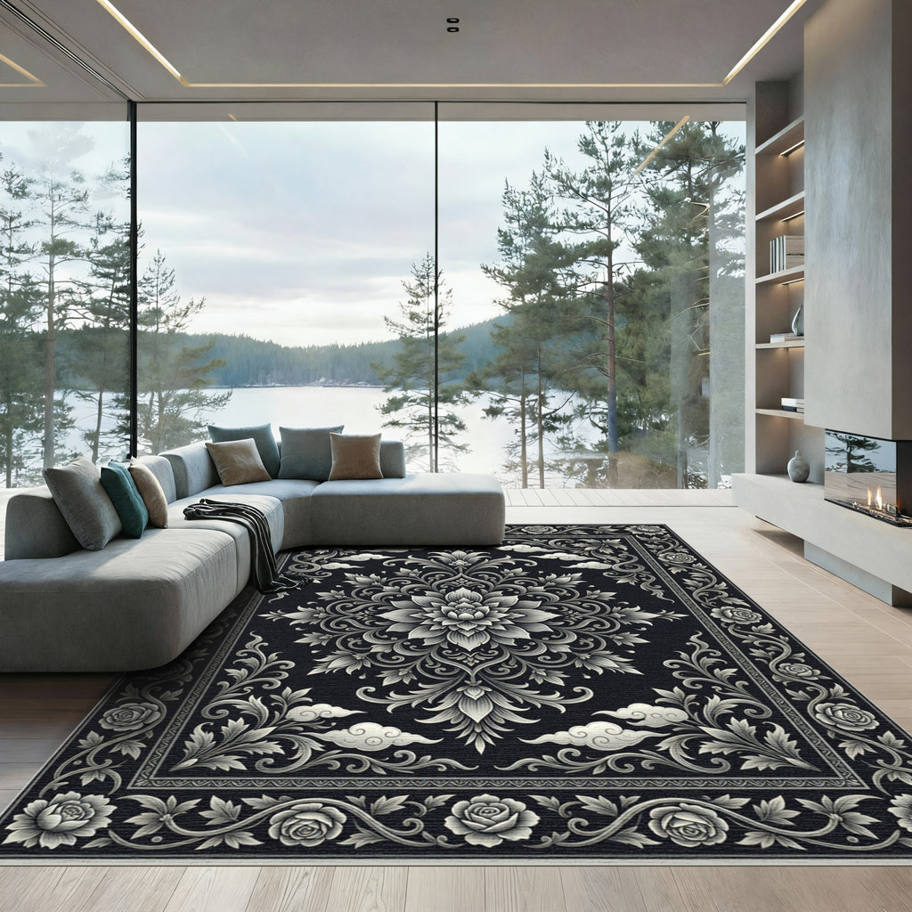 Ornate Black Silver Floral Cloud Rug