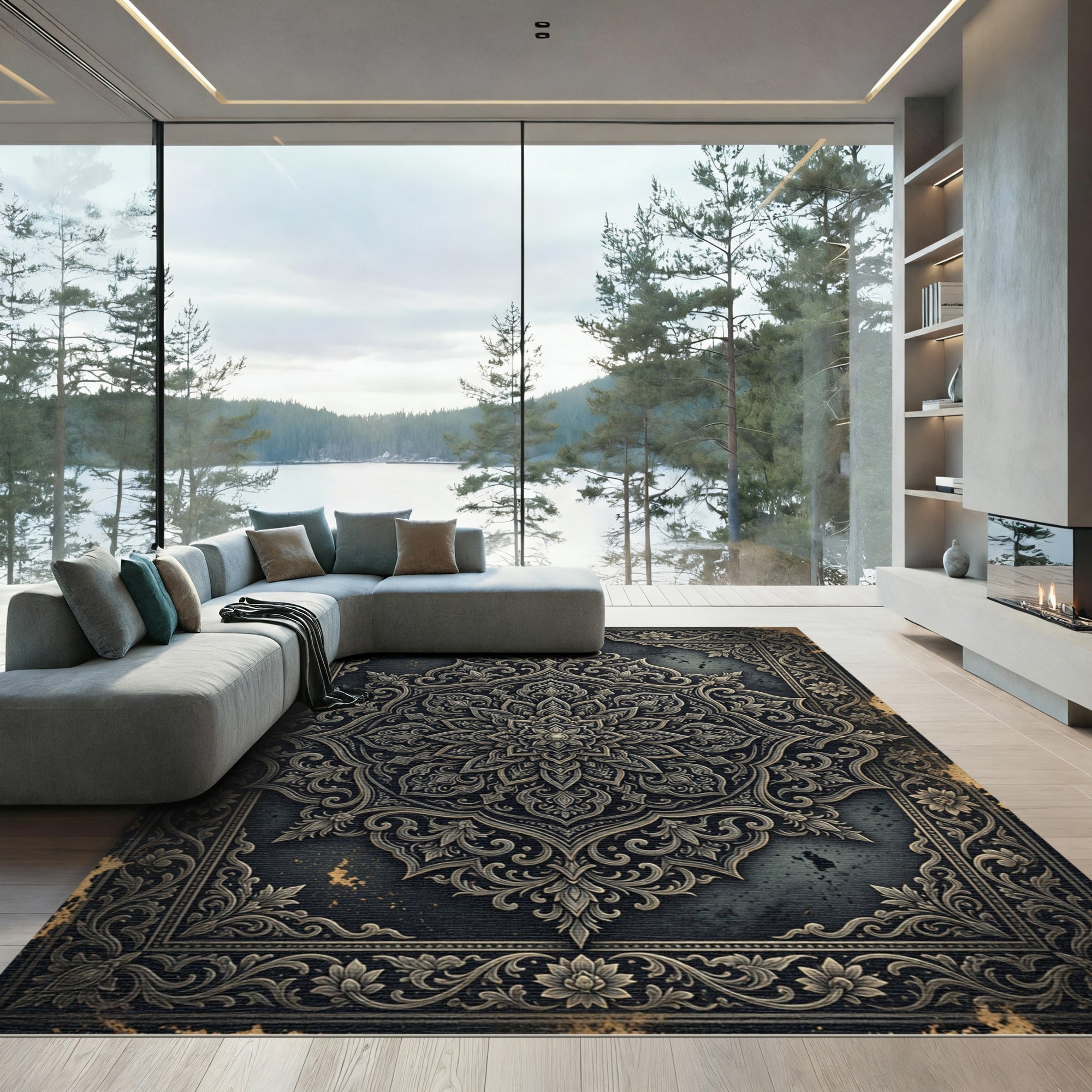 Ornate Charcoal Silver Floral Damask Rug