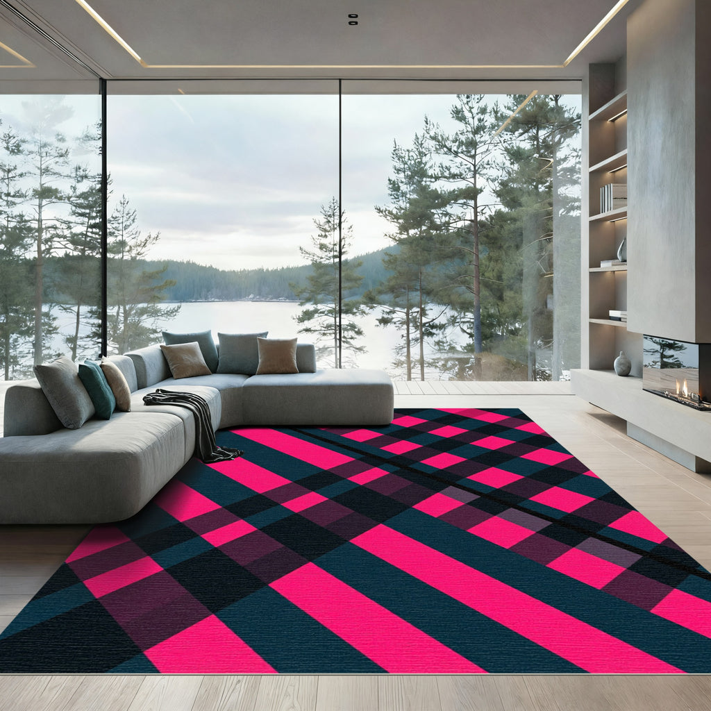 Bold Hot Pink Black Plaid Geometric Rug