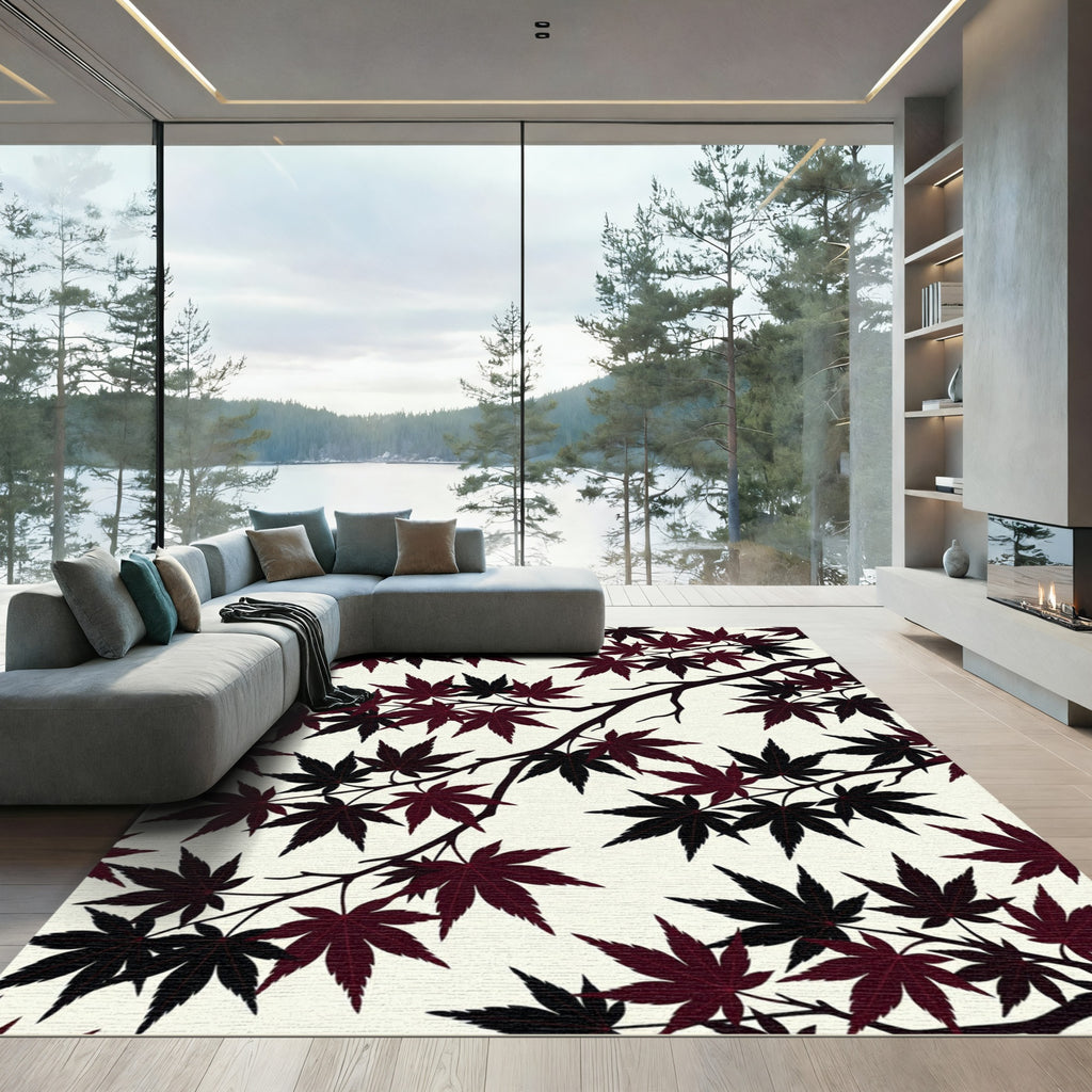Dark Crimson Japanese Maple Branch Illustration Rug
