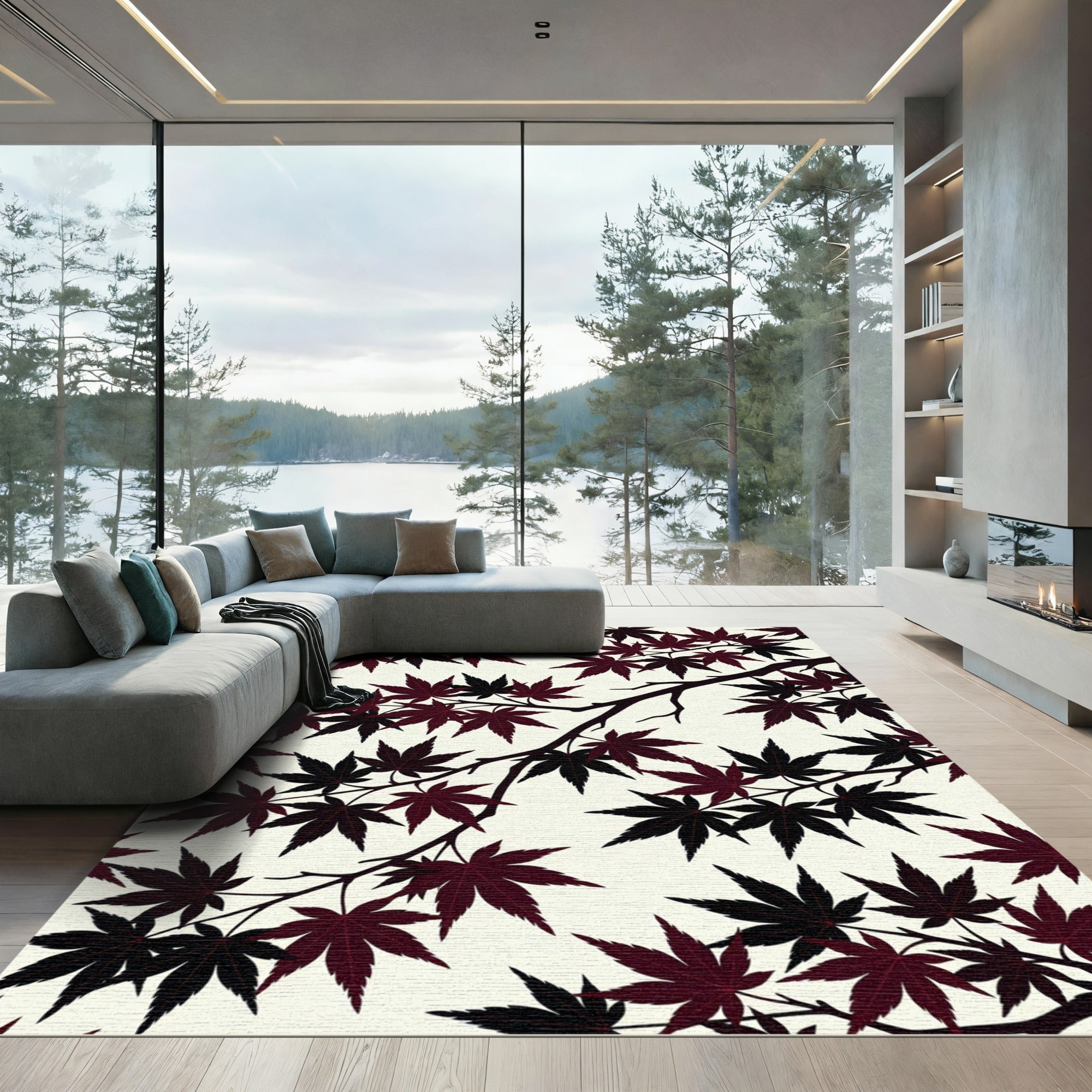 Dark Crimson Japanese Maple Branch Illustration Rug