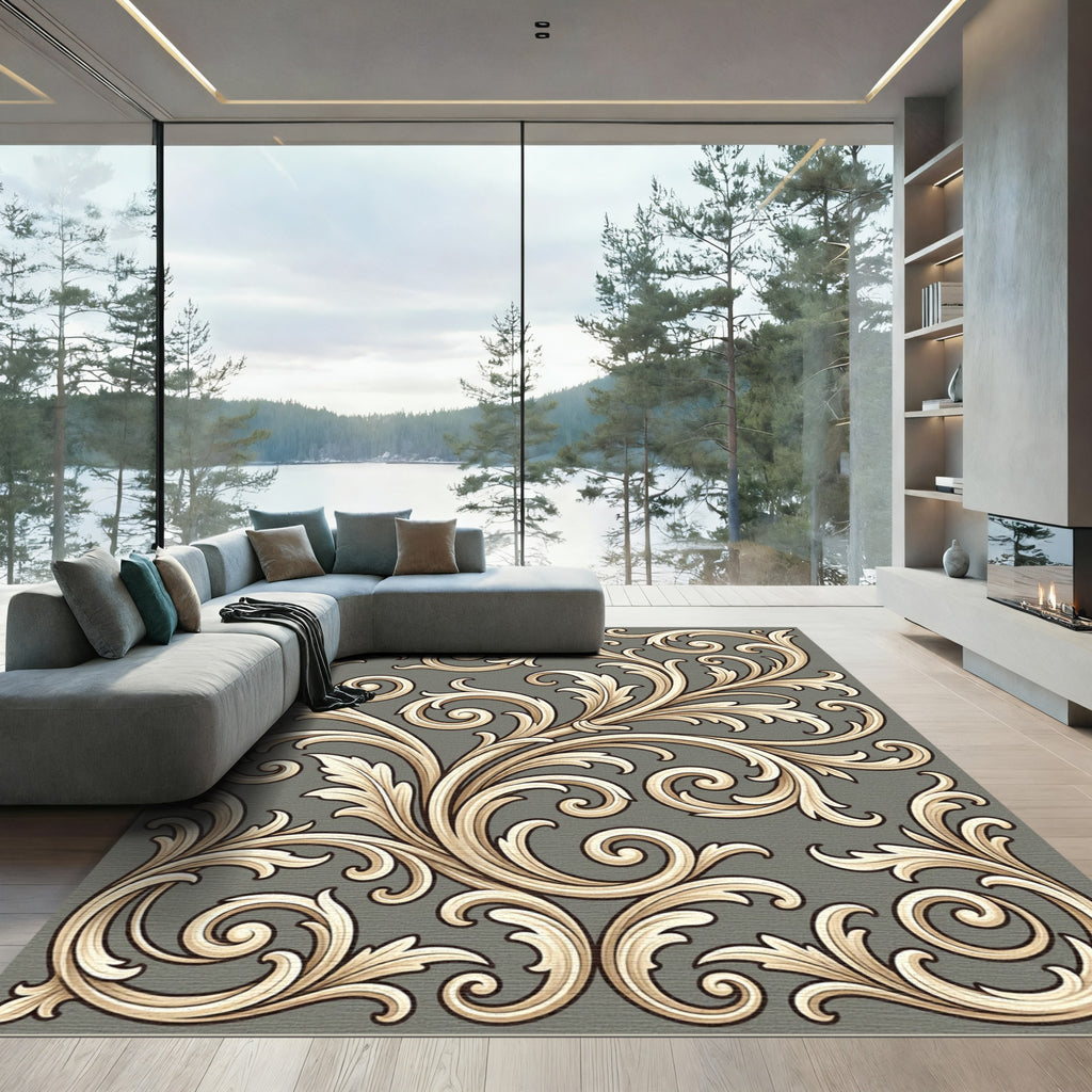 Golden Scrollwork Acanthus Leaf Pattern Rug
