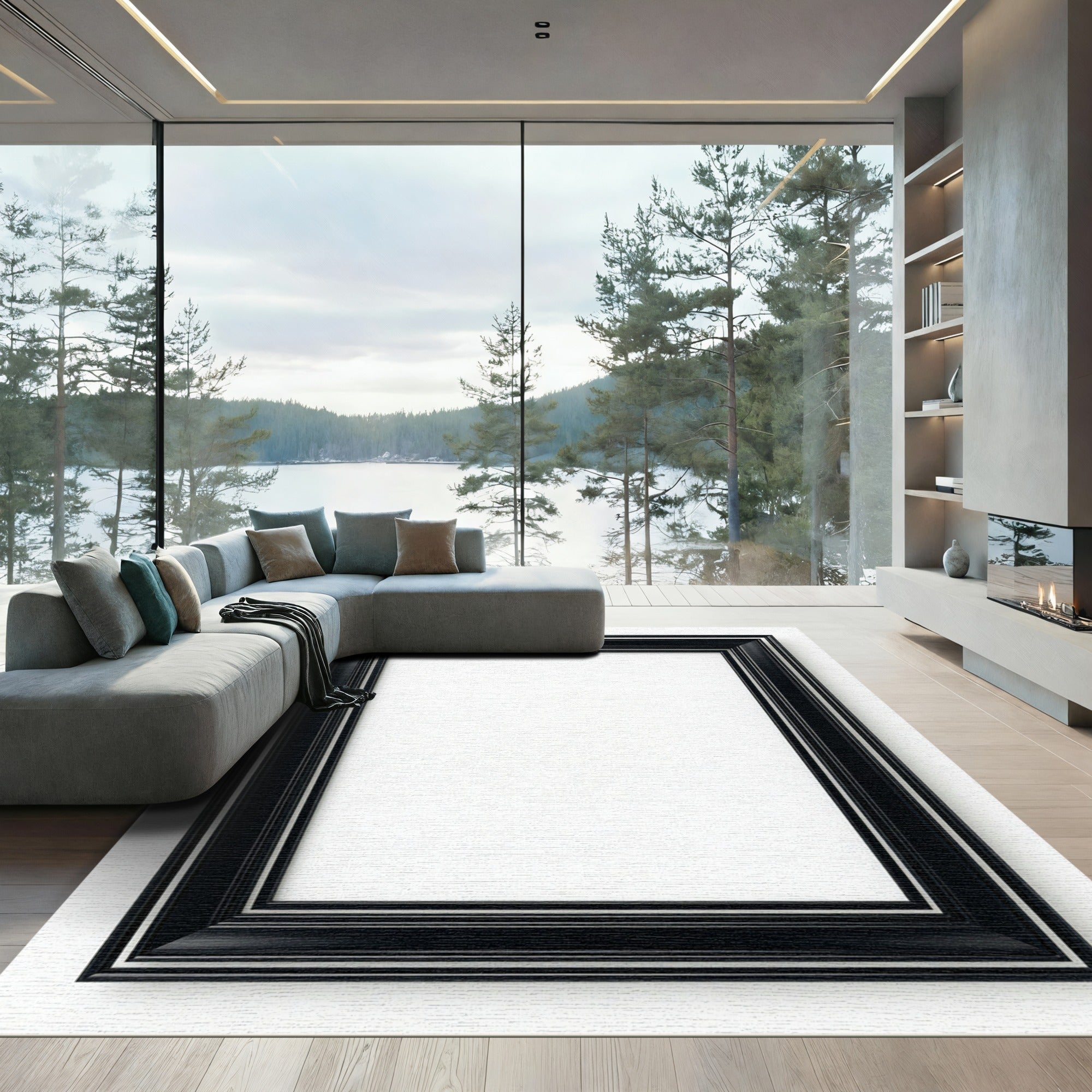 Black Elegant Beveled Edge Frame Rug