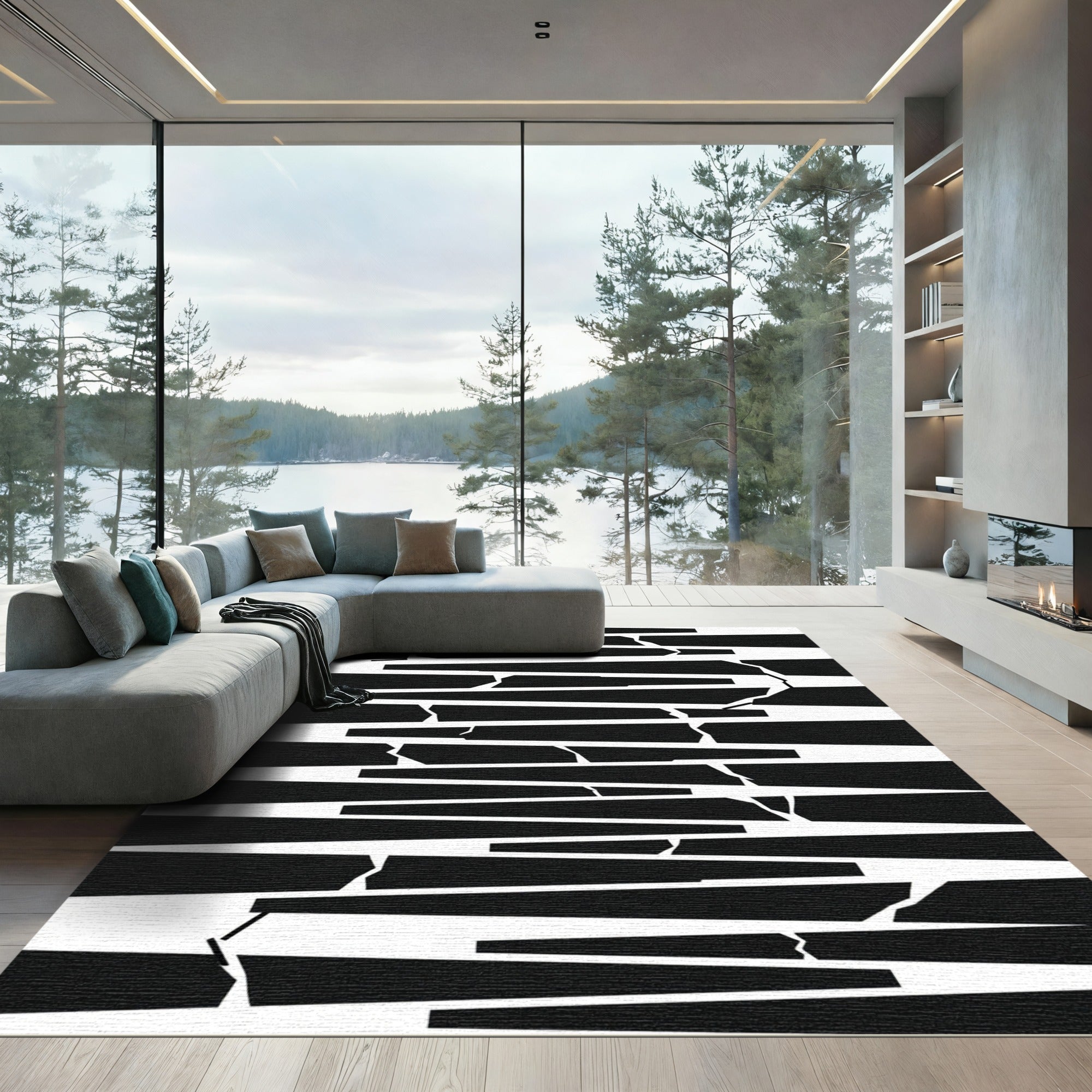 Abstract Black White Cracked Lines Rug