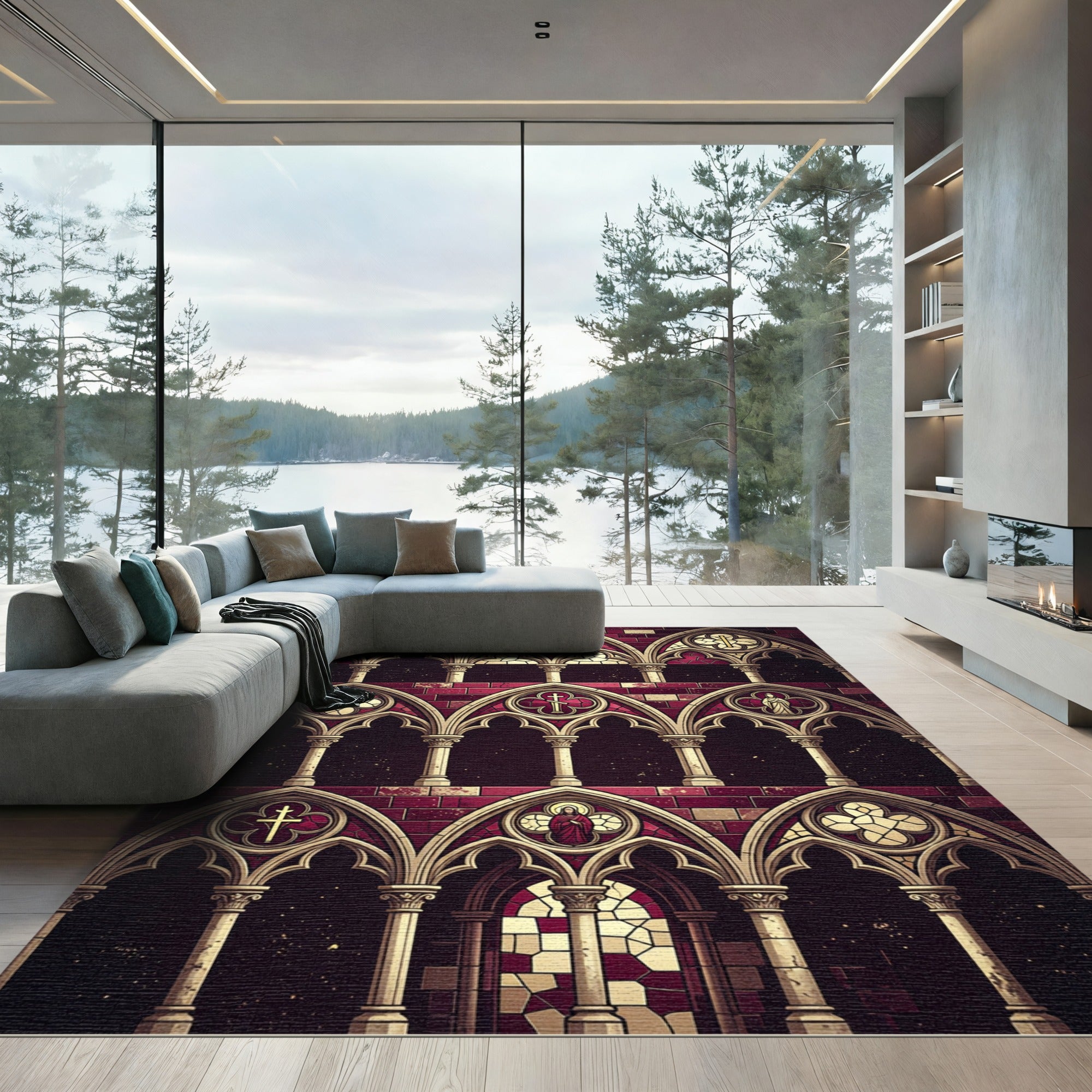 Gothic Cathedral Burgundy Arch Medallion Rug