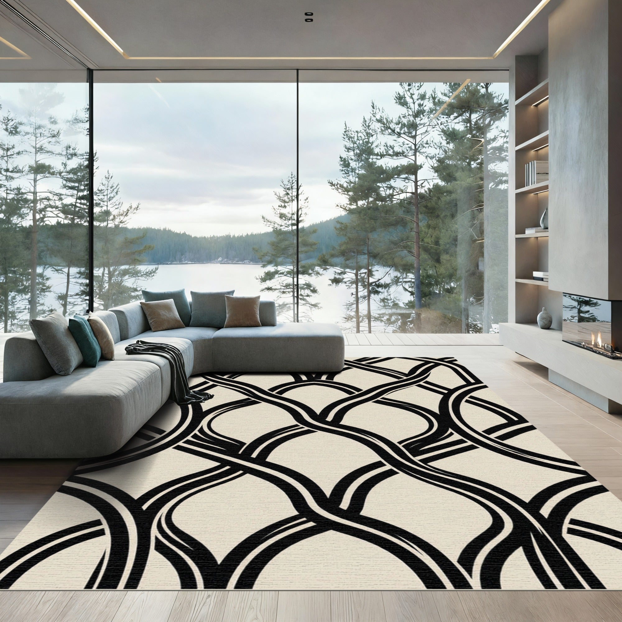 Abstract Black and Cream Intertwined Curve Rug
