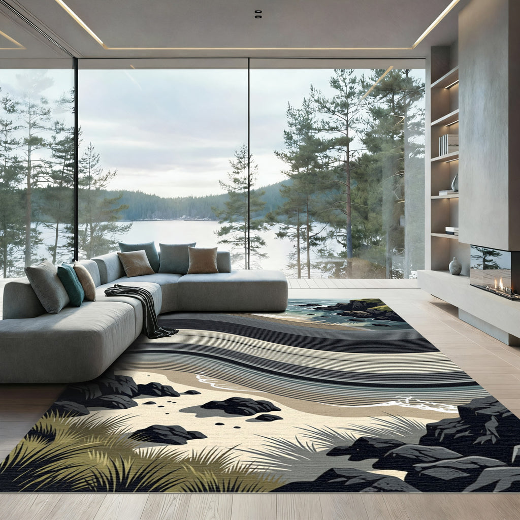 Coastal Serene Shoreline Wave Lines Rug