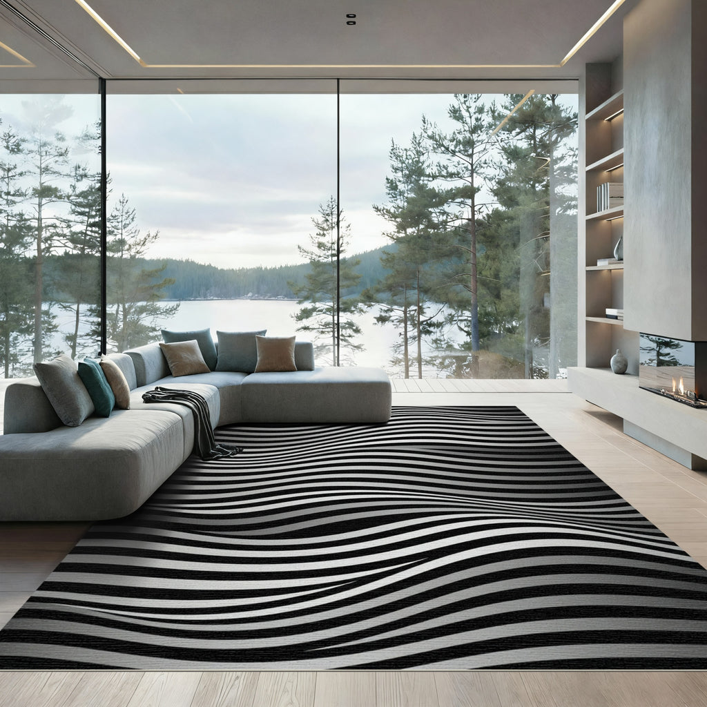 Monochromatic Wavy Black and White Lines Rug
