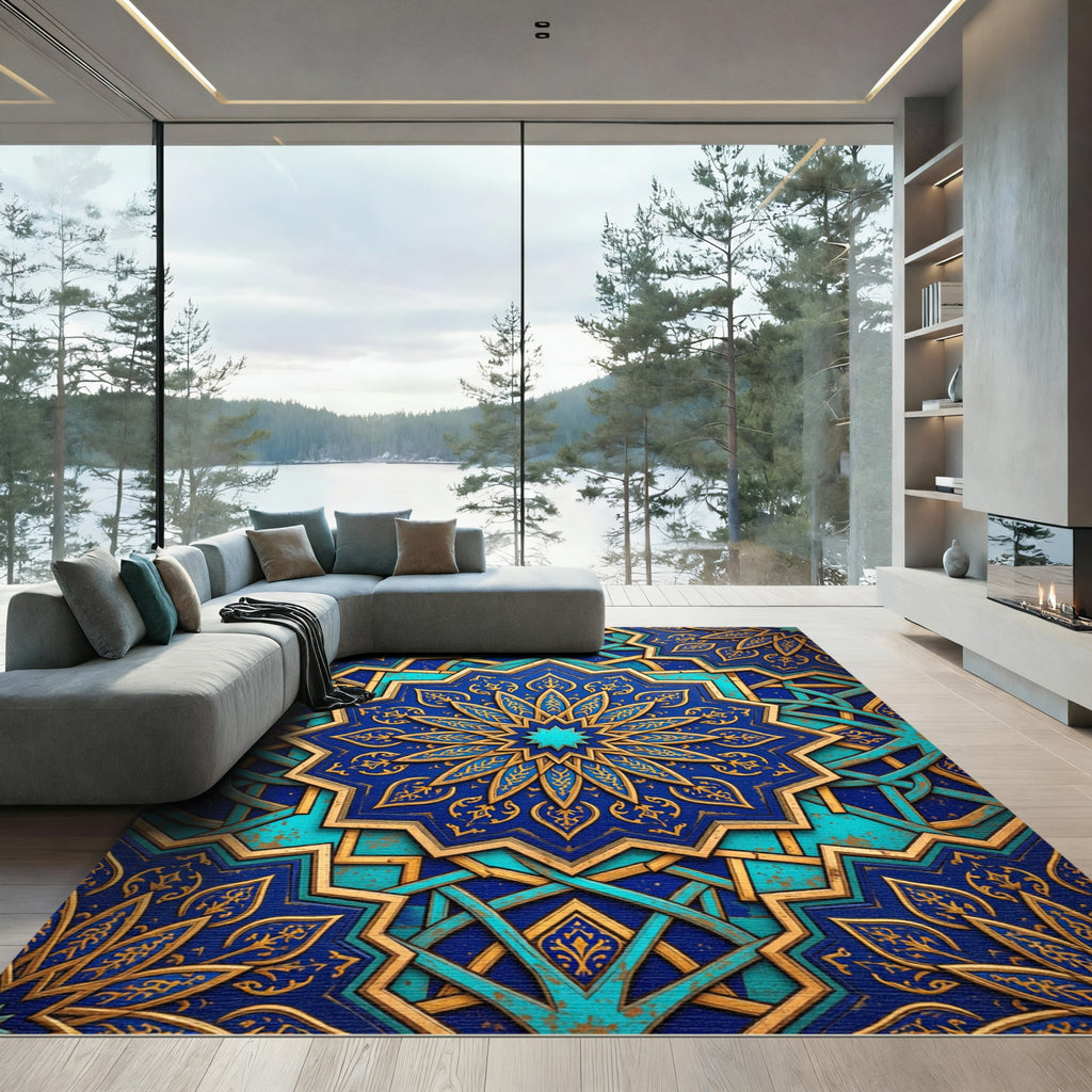 Azure Gold Geometric Star Medallion Rug